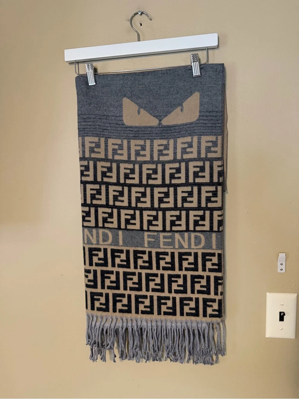 Designer Style Monogram Fringe Scarf in Cashmere and Silk